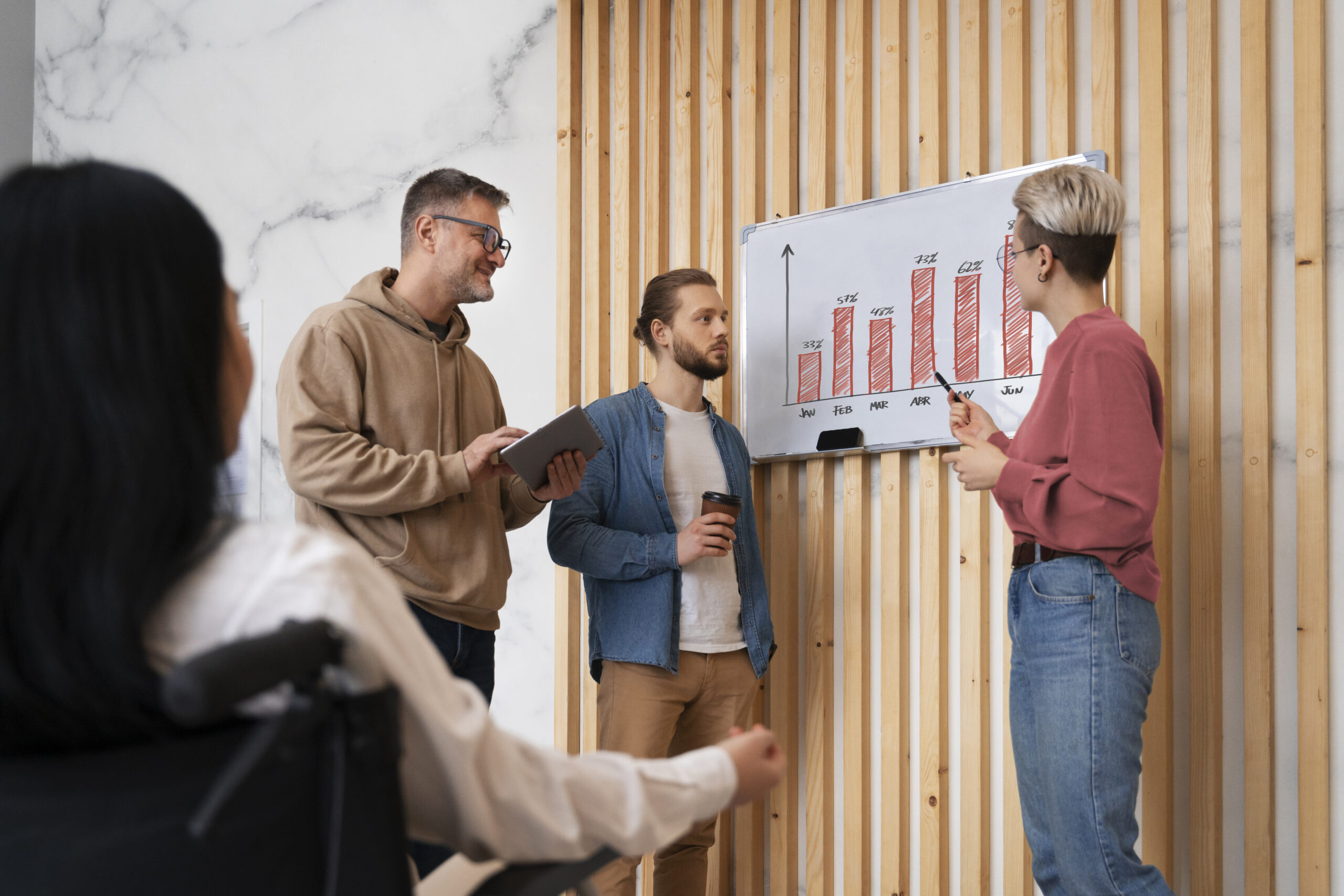 Team discussing Product-Market Fit (PMF) metrics on a chart in a collaborative meeting.